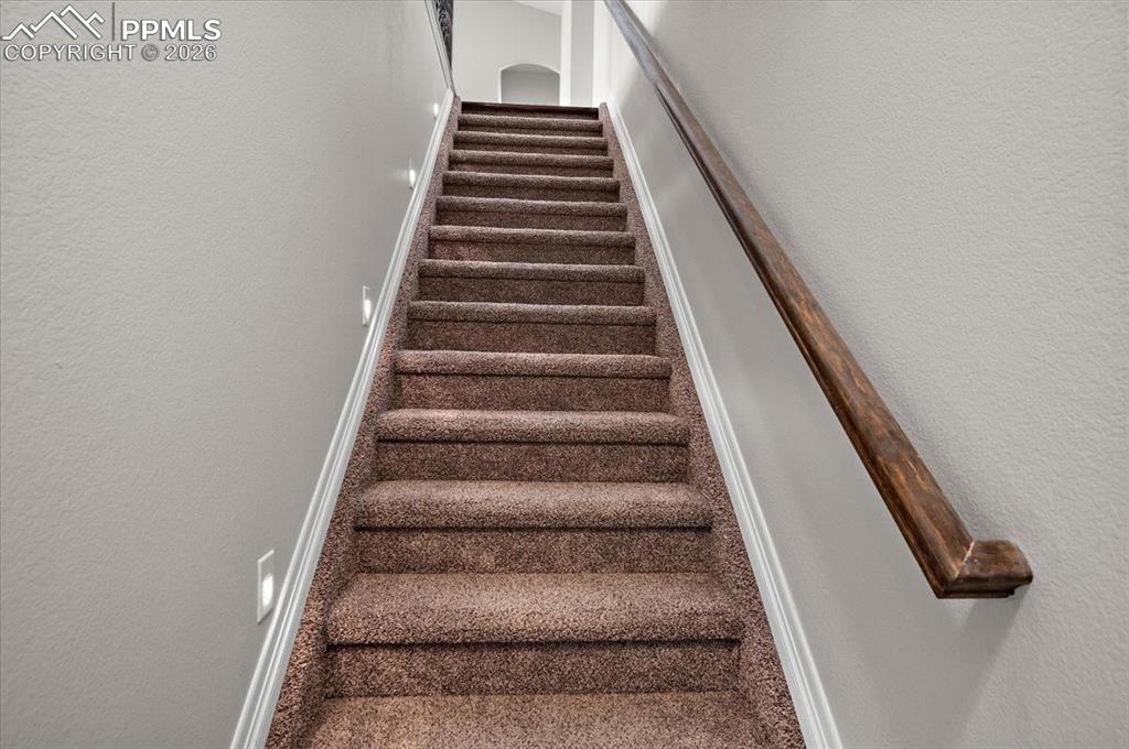 Image 29 of 40: Stairs featuring a textured wall and carpet
