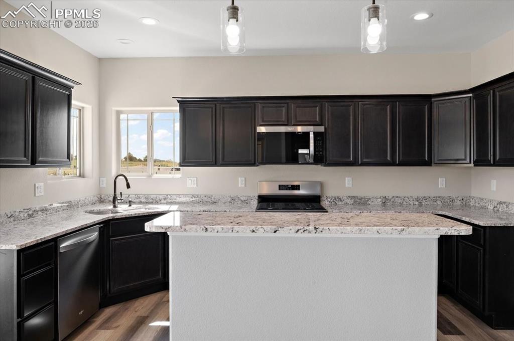 Image 8 of 40: Kitchen with stainless steel appliances, decorative light fixtures, light s