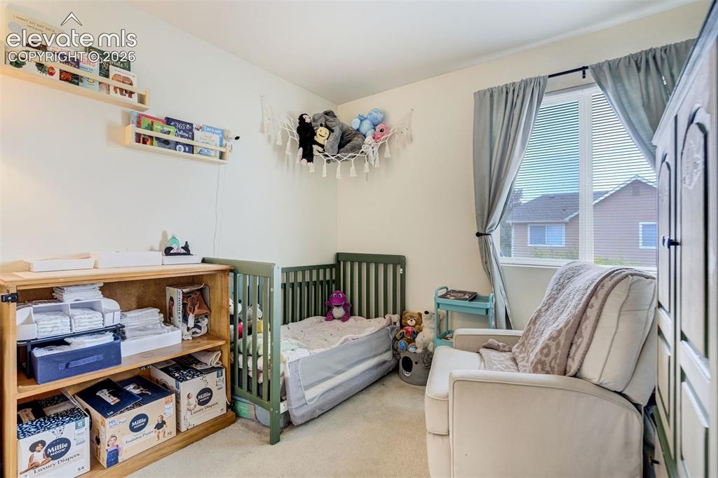 Image 25 of 43: Wall-mounted shelving, built-in window blinds, and carpet flooring