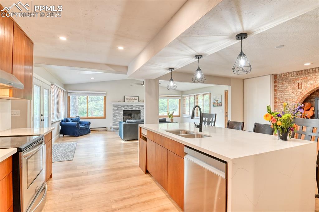 Image 14 of 50: Kitchen featuring a stone fireplace, stainless steel appliances, a sink, op