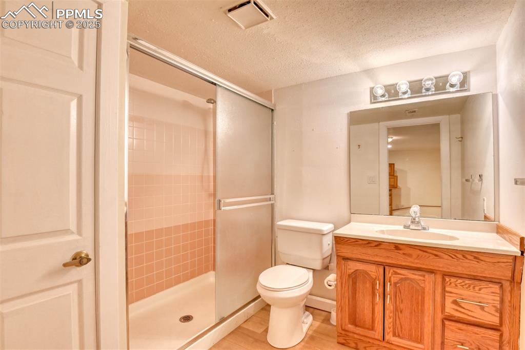 Image 38 of 50: Full basement bath with a stall shower, a textured ceiling, toilet, vanity,