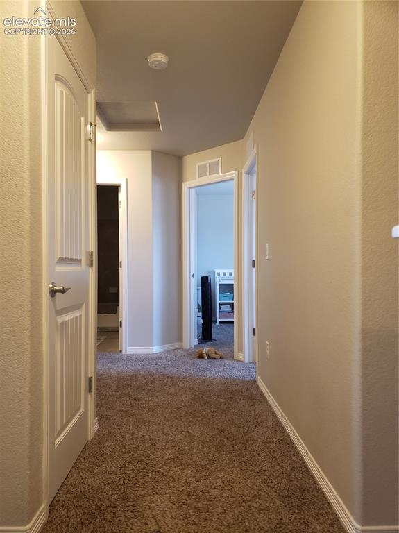 Image 6 of 34: Carpeted hallway featuring a neutral color palette, recessed lighting, and 