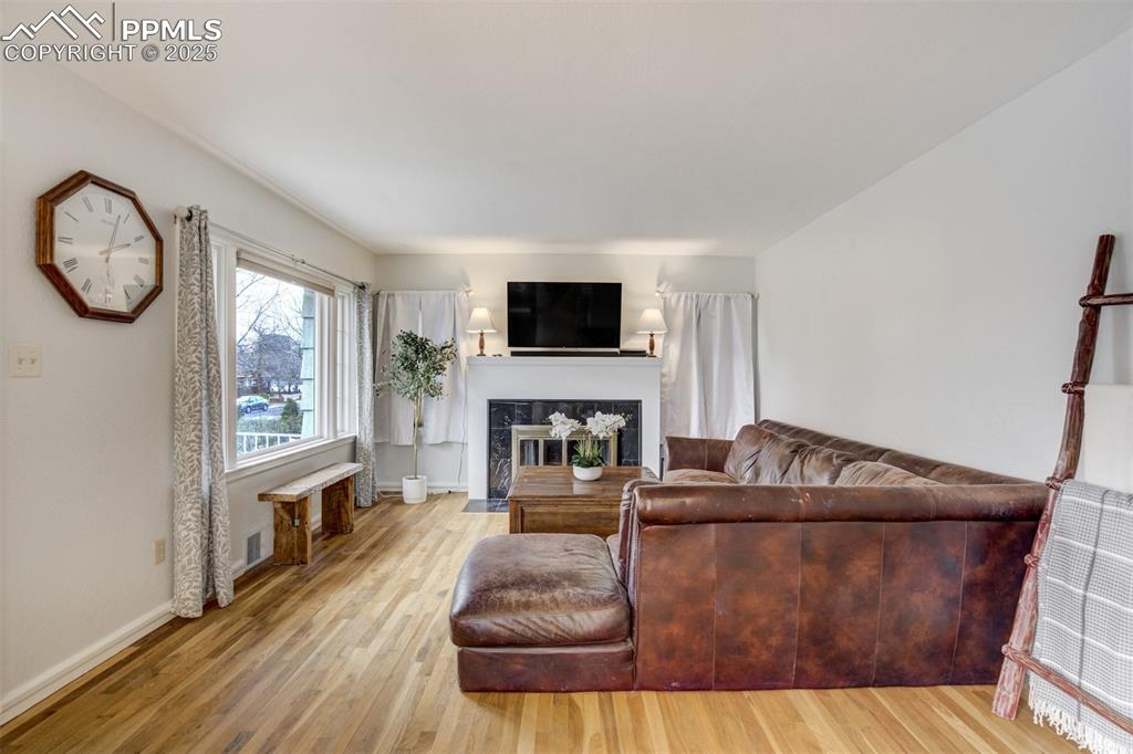 Image 18 of 48: Living room featuring wood finished floors and a high end fireplace