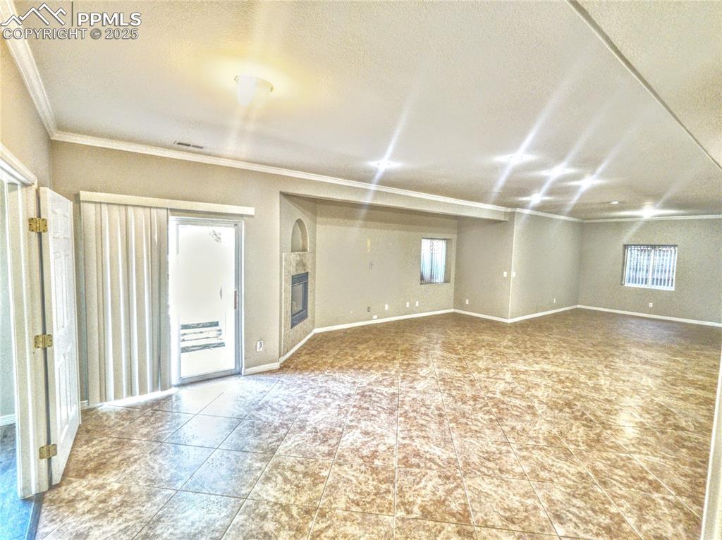 Image 18 of 32: Expansive family room with fire place, walk-out, and countertop bar.