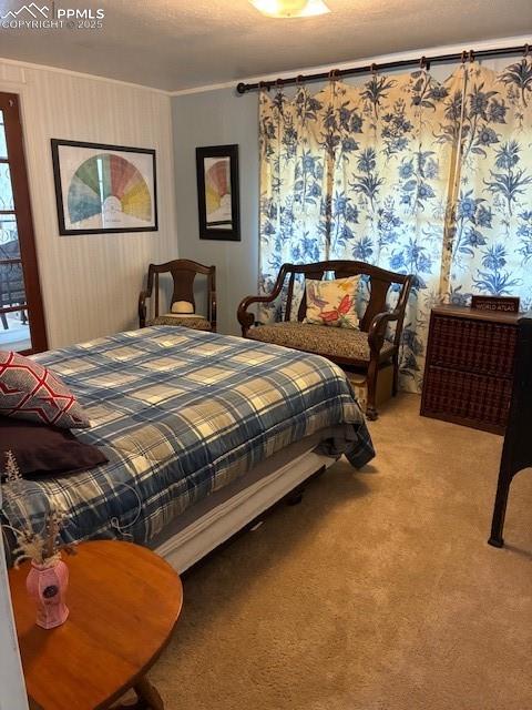 Image 11 of 30: Bedroom with a textured ceiling, carpet floors, and ornamental molding
