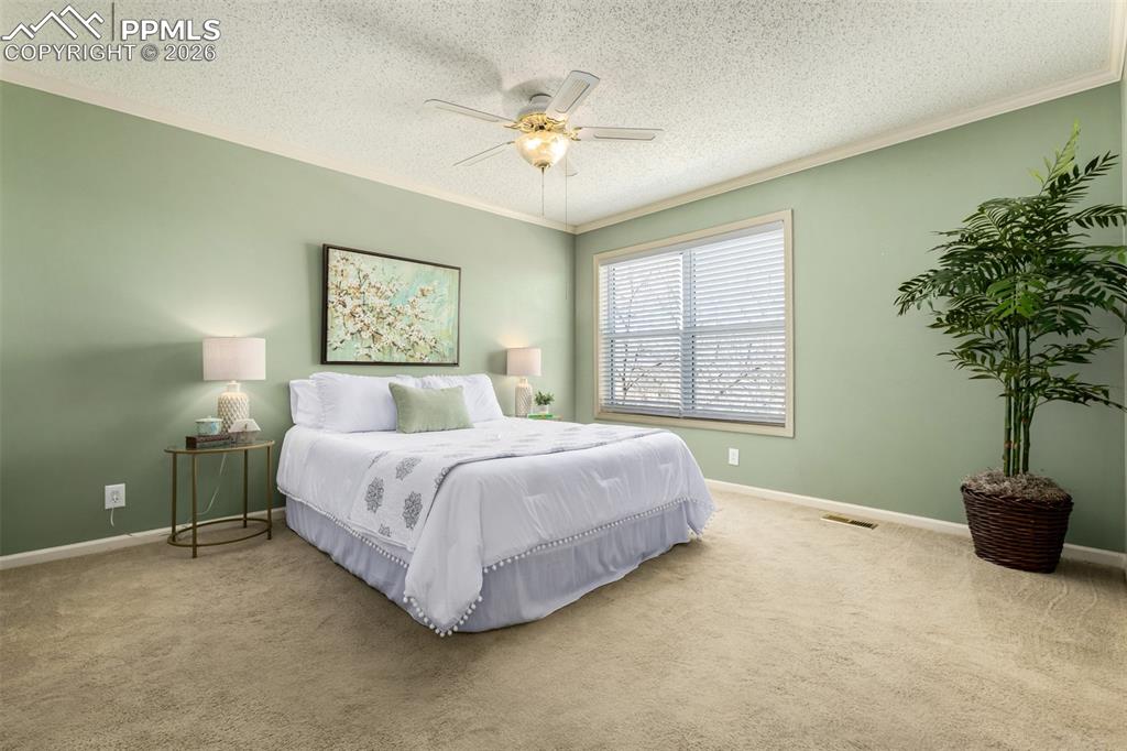 Image 12 of 30: Bedroom featuring carpet, crown molding, a ceiling fan, and a walk-in close