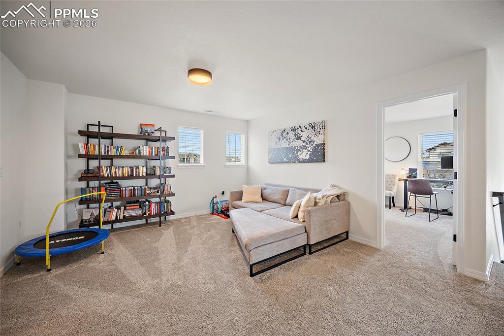Image 21 of 45: Carpeted room featuring a built-in bookshelf, multiple windows, and a ceili