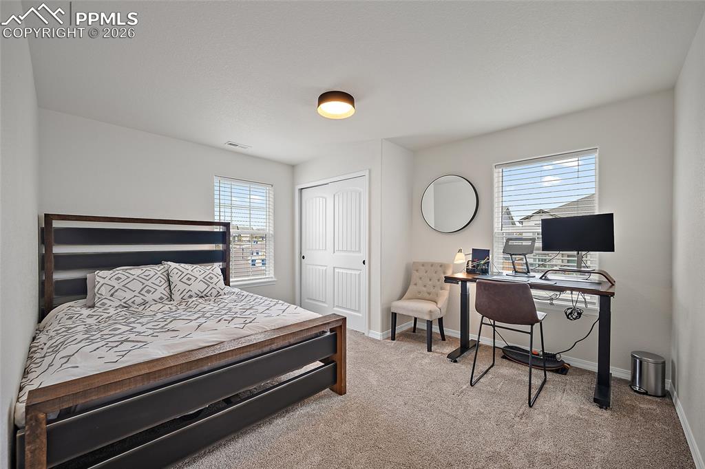 Image 37 of 45: Carpeted room featuring two windows with blinds, a built-in closet with bi-