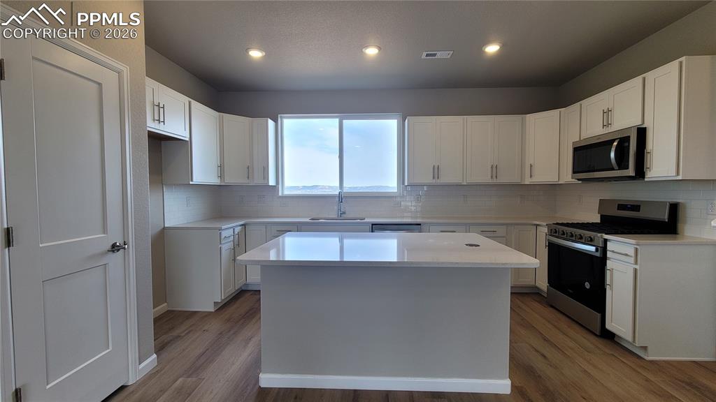 Image 12 of 26: Kitchen with Quartz countertop, pantry, large island providing additional s