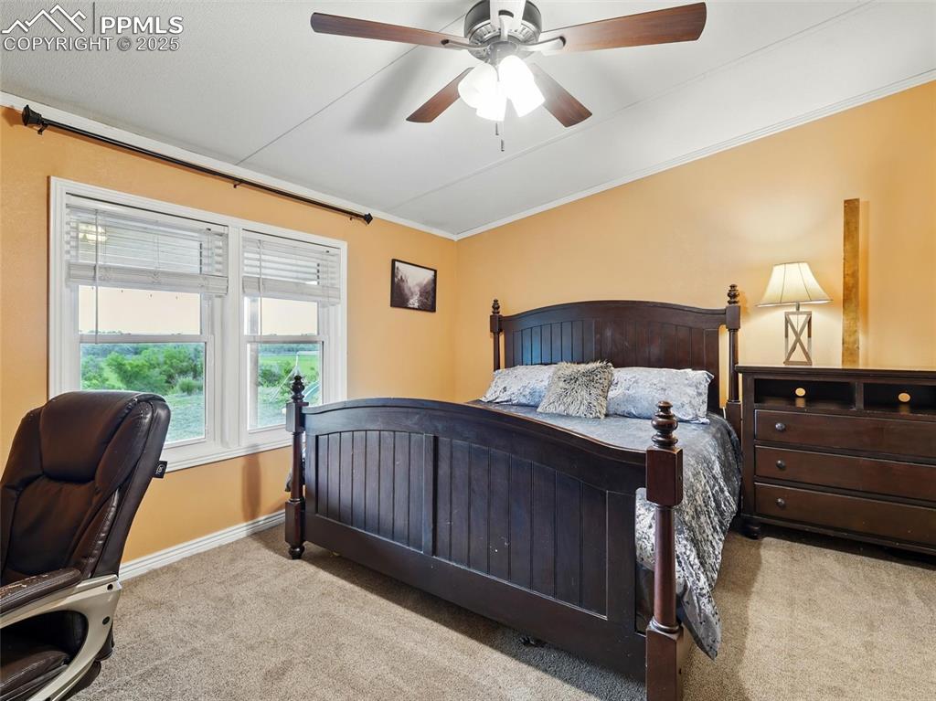 Image 13 of 45: Primary Bedroom featuring carpet floors, vaulted ceiling and overhead fan