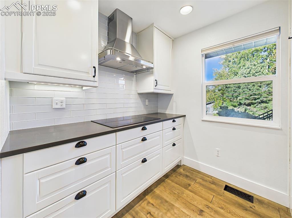 Image 10 of 50: Modern cooktop area with stainless steel hood, glass subway tile backsplash