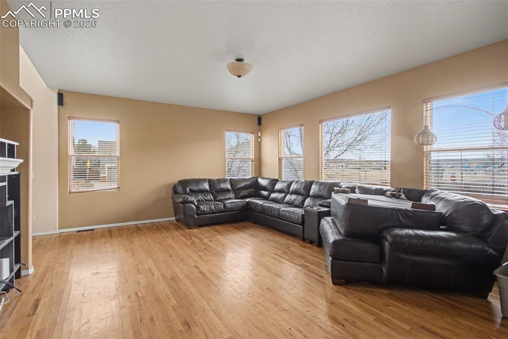 Image 13 of 33: Living room with light wood-type flooring, a fireplace, and a textured ceil