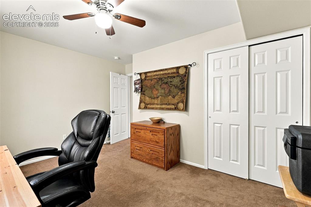 Image 34 of 50: Recessed lighting, ceiling fan with light fixture, carpet flooring, interio