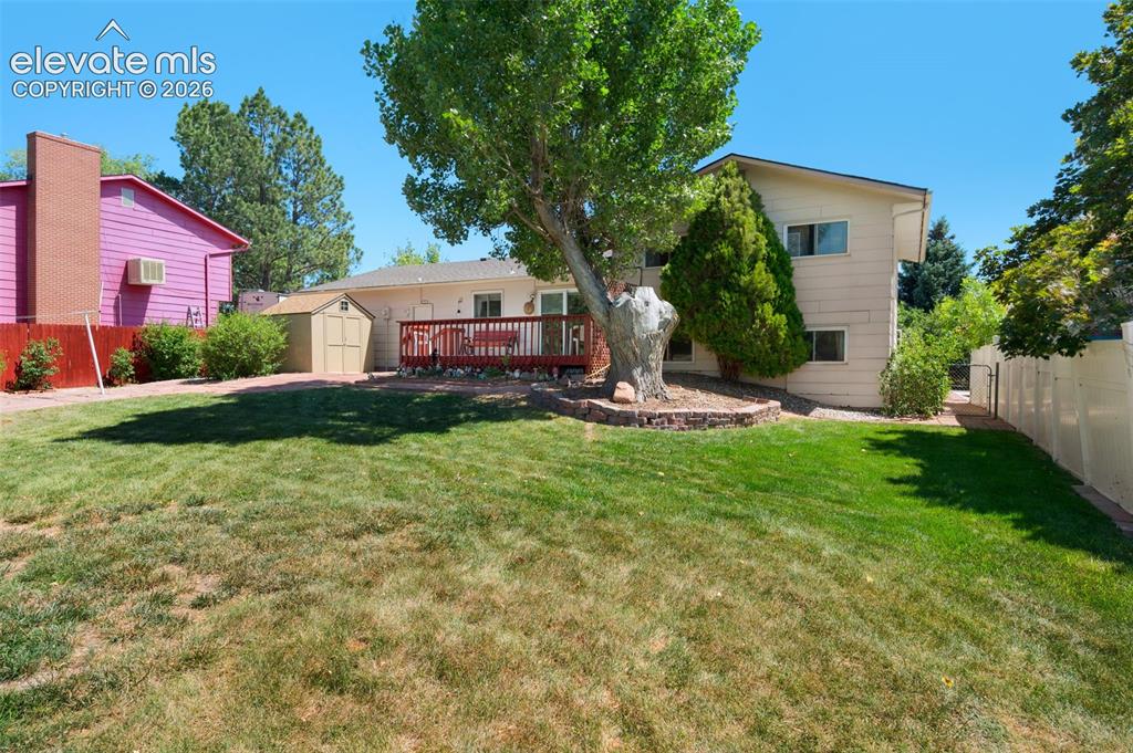 Image 2 of 25: Expansive backyard featuring a large lawn area, mature trees, a raised wood