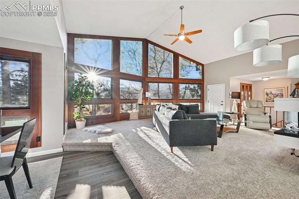 Image 2 of 48: Living room with high vaulted ceiling, healthy amount of natural light, lux