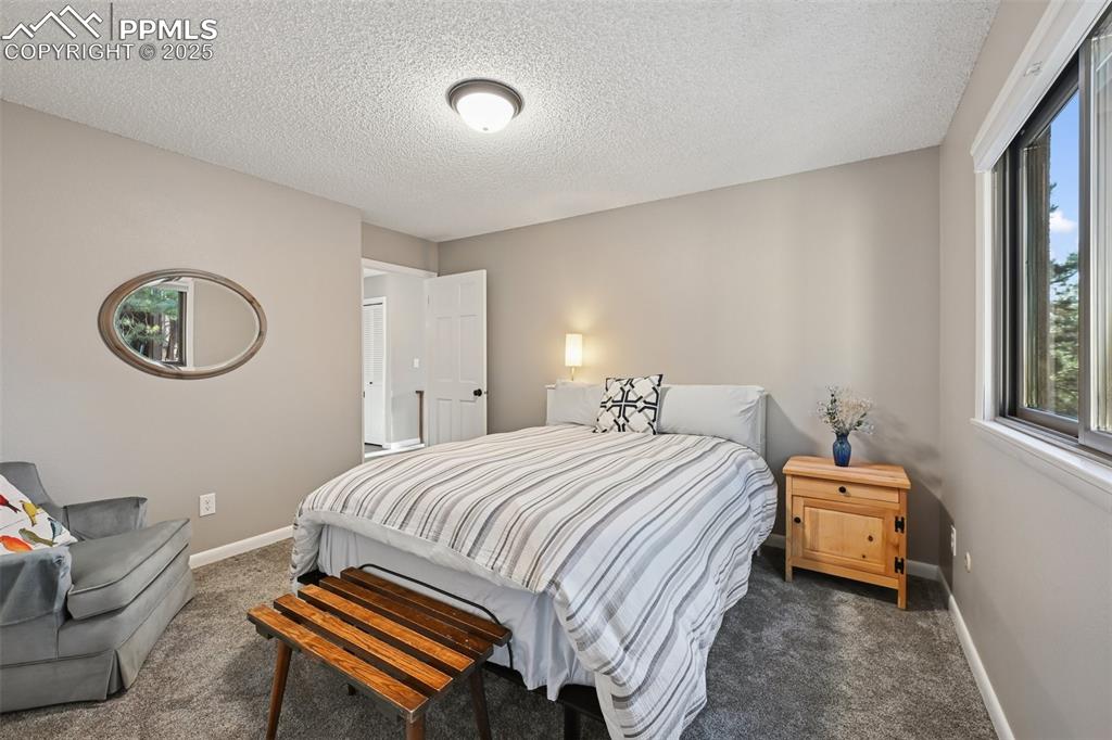 Image 29 of 48: Carpeted bedroom featuring a textured ceiling and baseboards