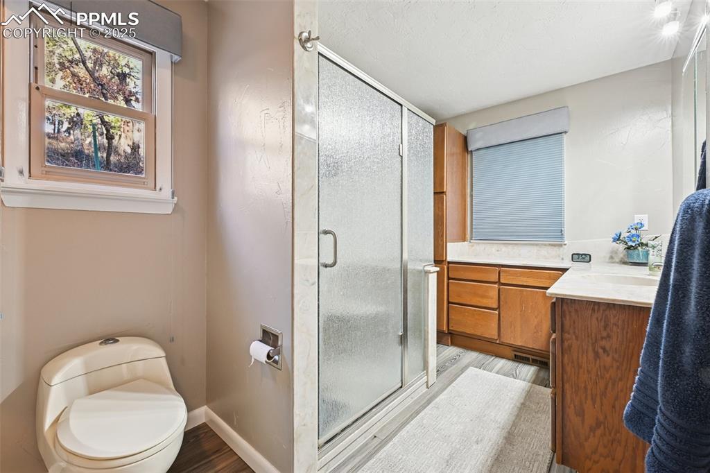 Image 33 of 48: Bathroom featuring vanity, wood finished floors, and a shower stall