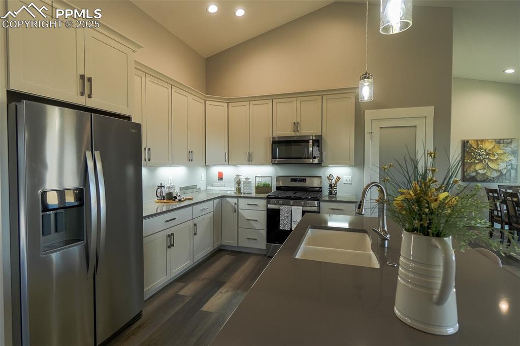 Image 10 of 47: Kitchen with stainless steel appliances, LTV hardwood / wood-style flooring