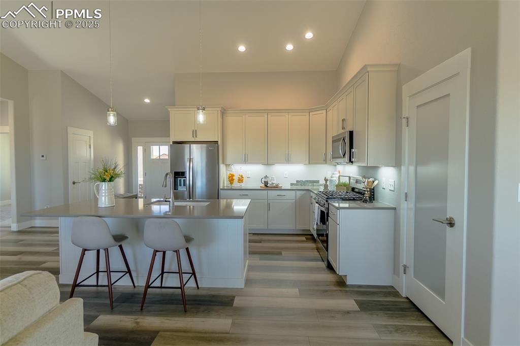 Image 13 of 47: Kitchen with sink, appliances with stainless steel finishes, light wood-LTV