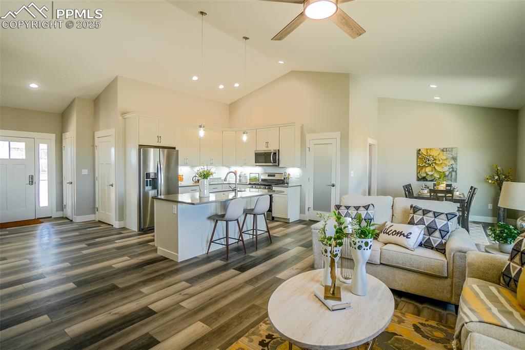 Image 9 of 47: Living room featuring sink, LTV/ wood-style flooring, ceiling fan, and hig