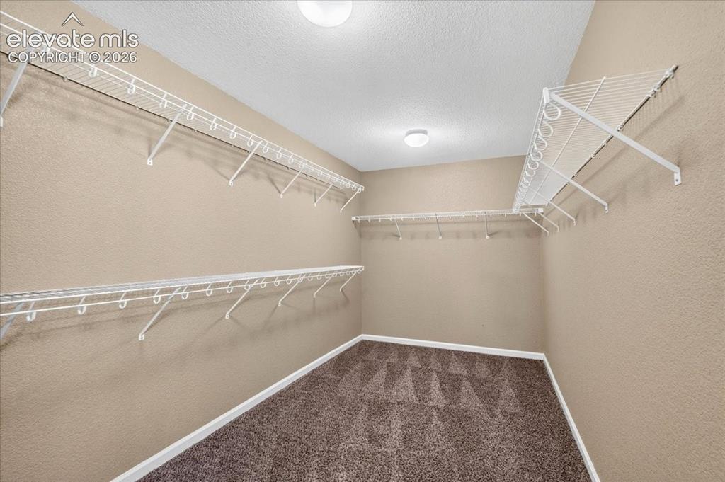 Image 16 of 28: Ample closet space with wire shelving, integrated hanging rods, and carpet