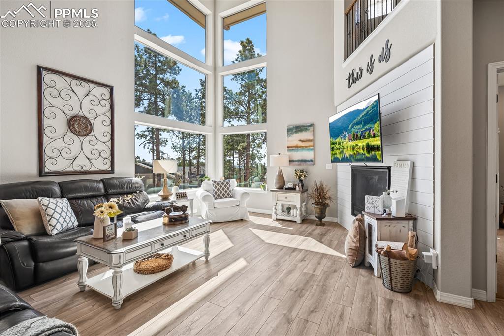 Image 5 of 46: 2-Story Living Room, Fireplace, Ceiling fan, Picture windows