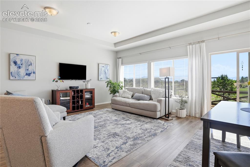 Image 18 of 47: Open concept living area featuring wood-finish flooring, a tray ceiling, an