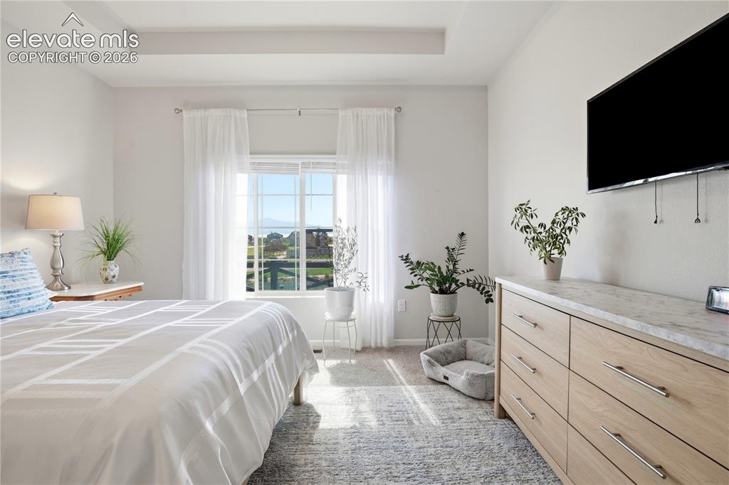 Image 29 of 47: Tray ceiling with recessed lighting, large window with white blinds, light 