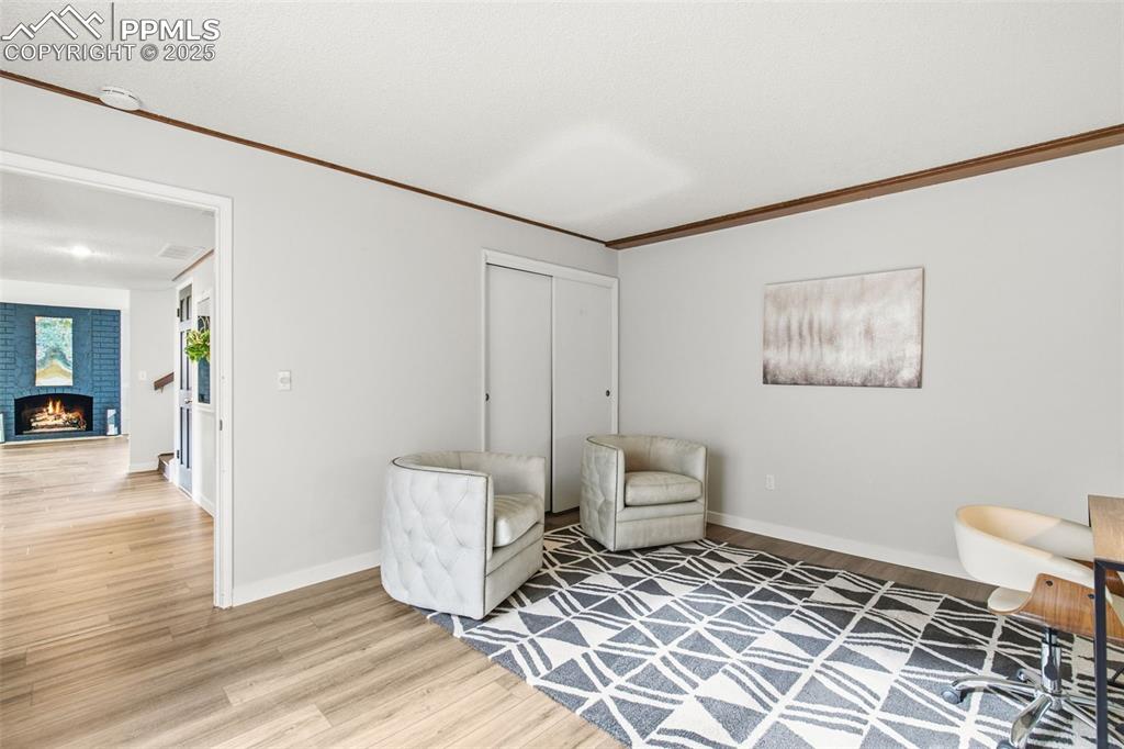 Image 22 of 45: Living area with crown molding, light wood-style flooring, and a fireplace
