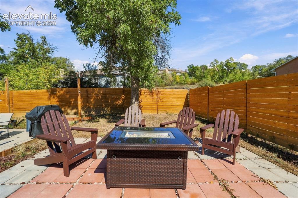 Image 43 of 50: Backyard gas fire pit and privacy fencing!