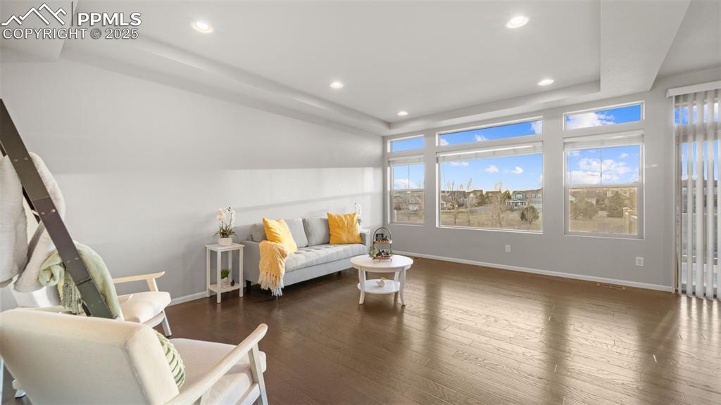 Image 9 of 48: Living area with a tray ceiling, dark wood-style floors, and recessed light