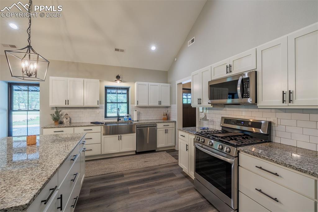 Image 14 of 38: Kitchen with stainless steel appliances, a chandelier, dark wood-style floo