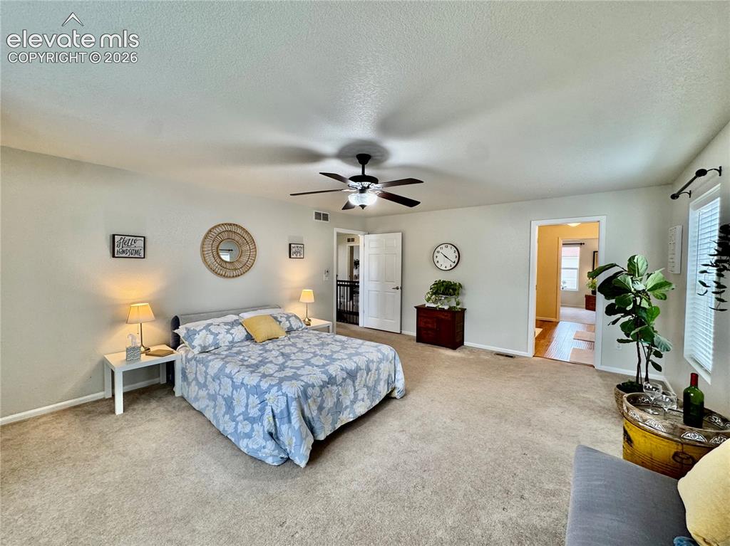 Image 19 of 36: Spacious carpeted room featuring a ceiling fan with integrated lighting, tw