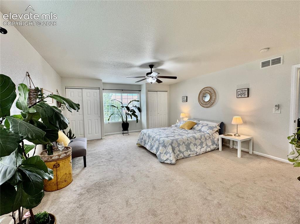 Image 20 of 36: Spacious carpeted room featuring a ceiling fan, multiple windows, and two s