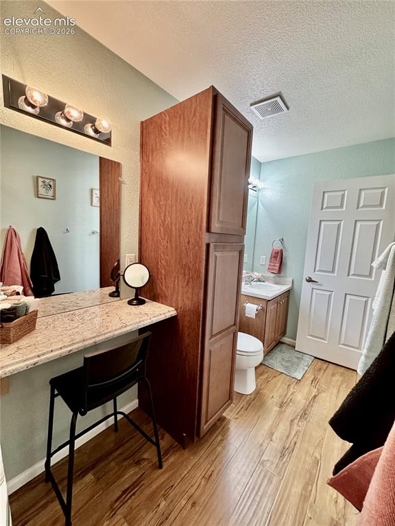 Image 28 of 36: Bathroom featuring wood-finish flooring, a vanity with a light-colored coun
