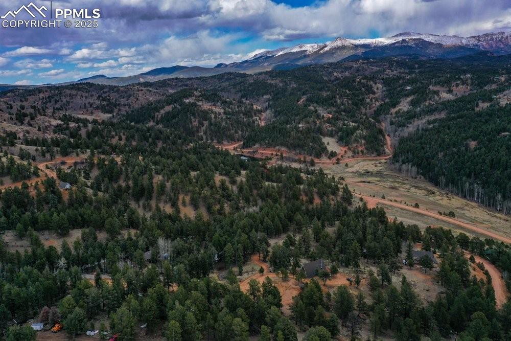 Image 8 of 34: Birds eye view of property with a wooded view and a mountain view
