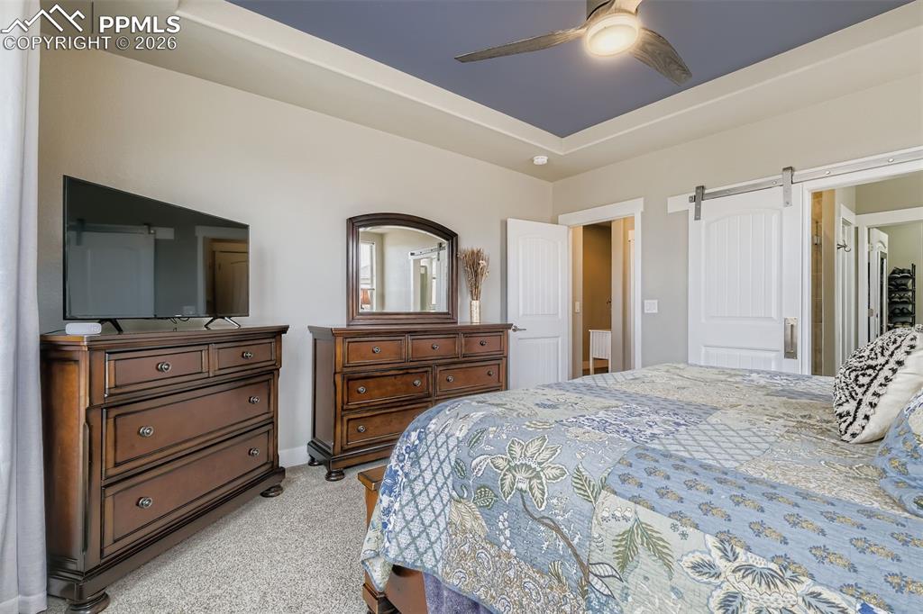 Image 29 of 48: Showing the recessed ceiling and barn door onsuite 