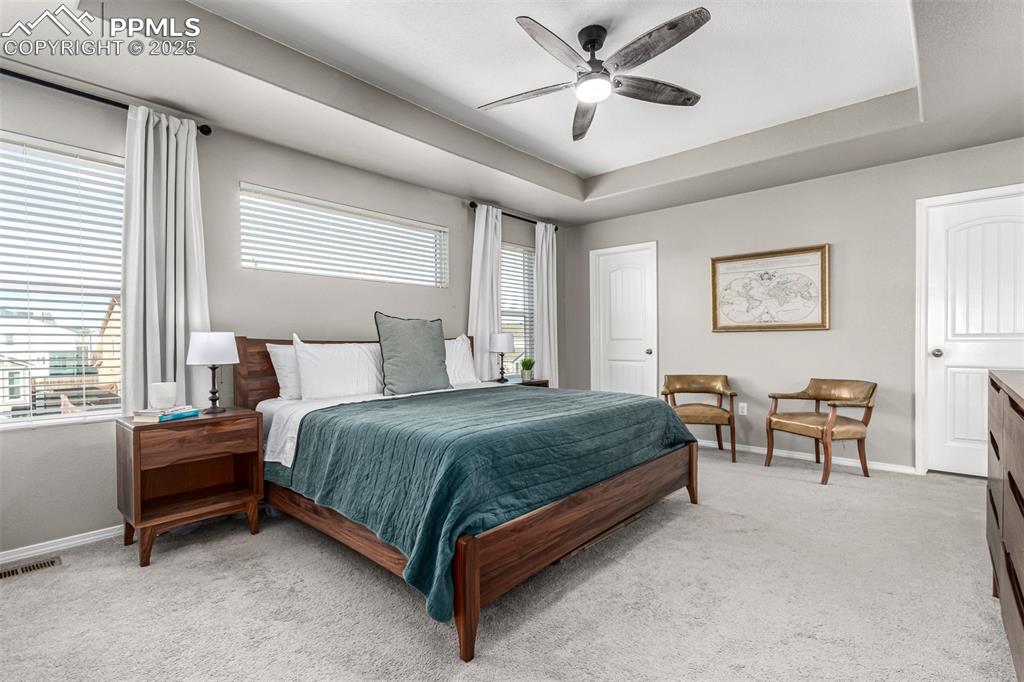Image 17 of 41: Bedroom with a tray ceiling, light carpet, and ceiling fan