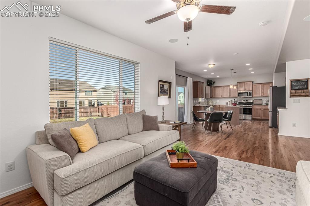 Image 7 of 41: Living room with dark wood-type flooring, recessed lighting, and ceiling fa