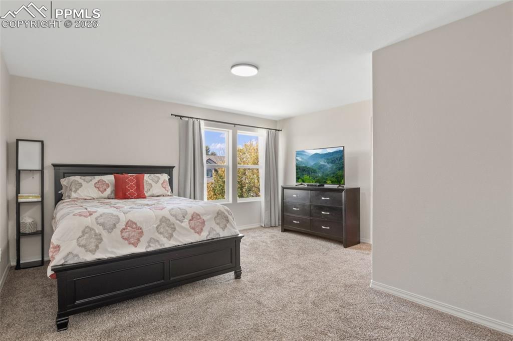 Image 14 of 25: Carpeted bedroom featuring light-toned walls and a flush-mount ceiling ligh
