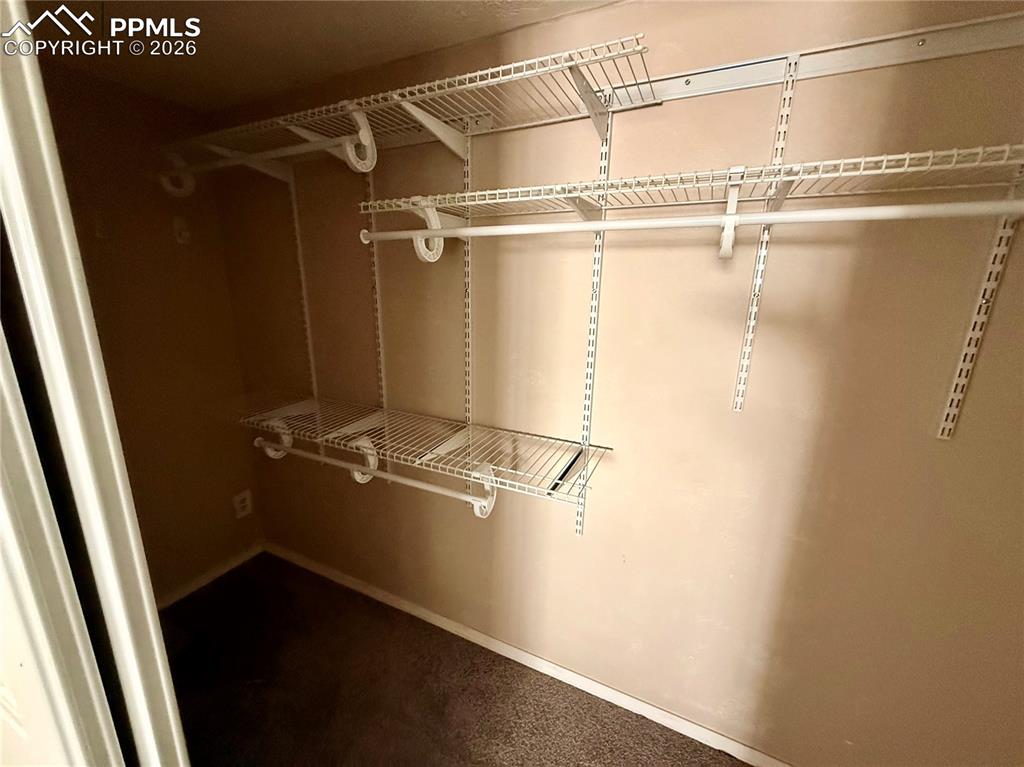 Image 34 of 42: Walk in closet featuring dark colored carpet