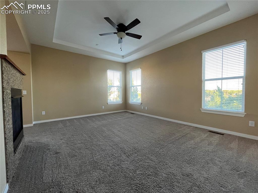 Image 8 of 27: Unfurnished living room with a raised ceiling, a fireplace, carpet flooring