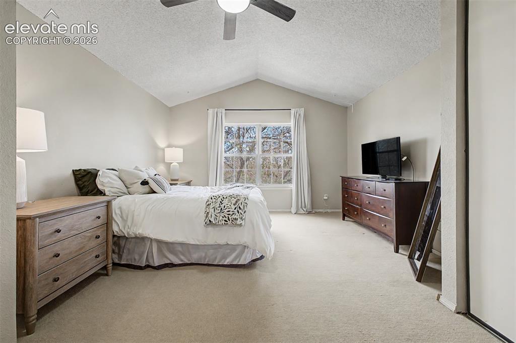 Image 22 of 42: Vaulted ceiling bedroom featuring carpeting, a window with exterior tree vi