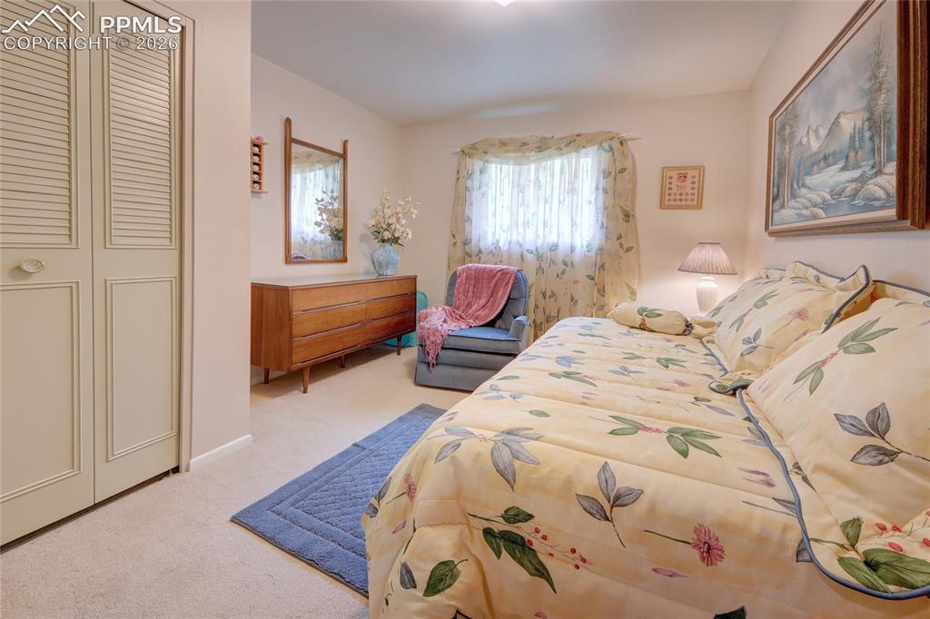Image 22 of 33: Carpeted room with a window featuring sheer curtains and botanical drapes