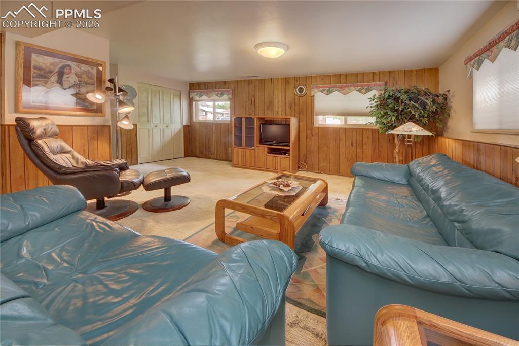 Image 25 of 33: Recreation room featuring wood paneling, light-colored carpeting, two windo
