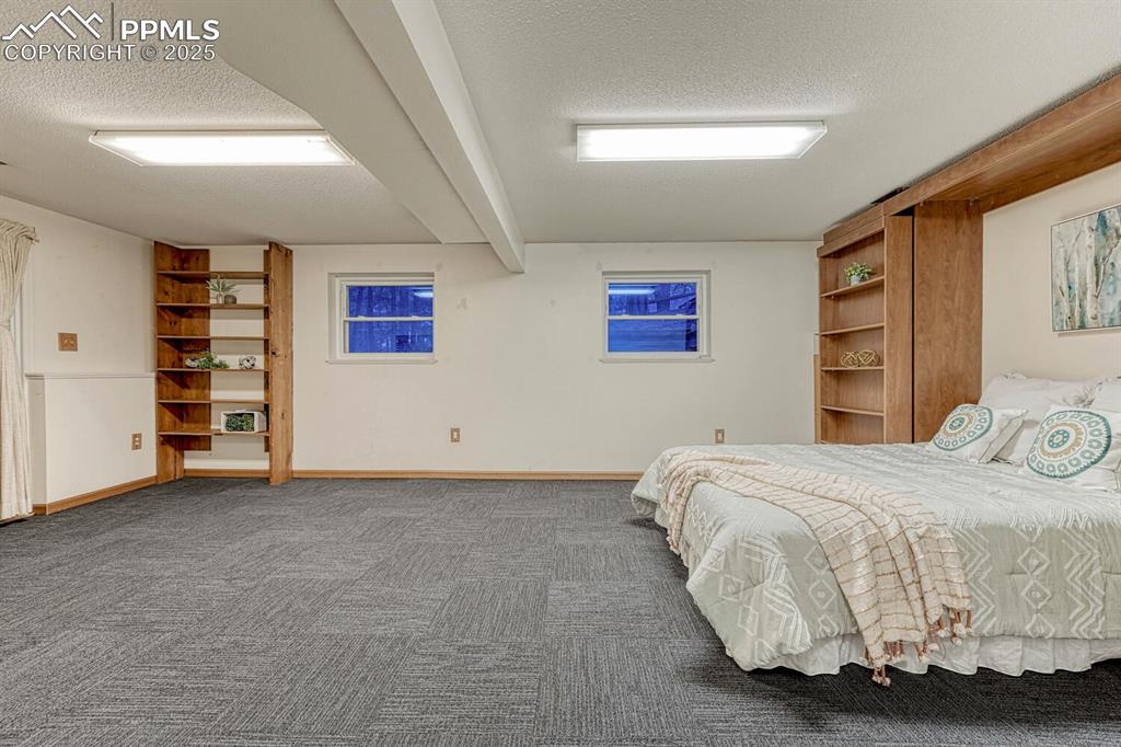 Image 37 of 50: Versatile Finished Basement with neutral carpet, built in bookshelves and m