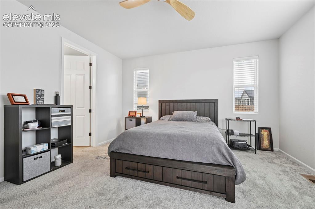 Image 14 of 31: Light gray carpeting with a light wood-finish ceiling fan and two windows w