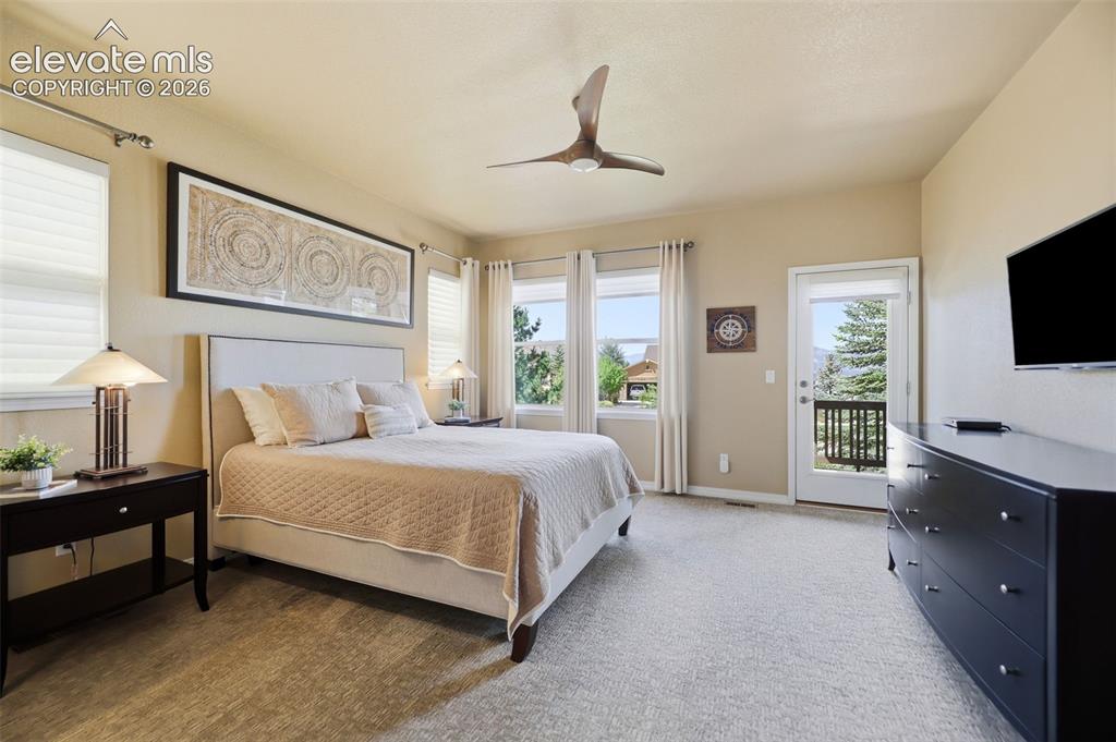 Image 17 of 48: A large primary bedroom on the main level, with direct access to the deck!