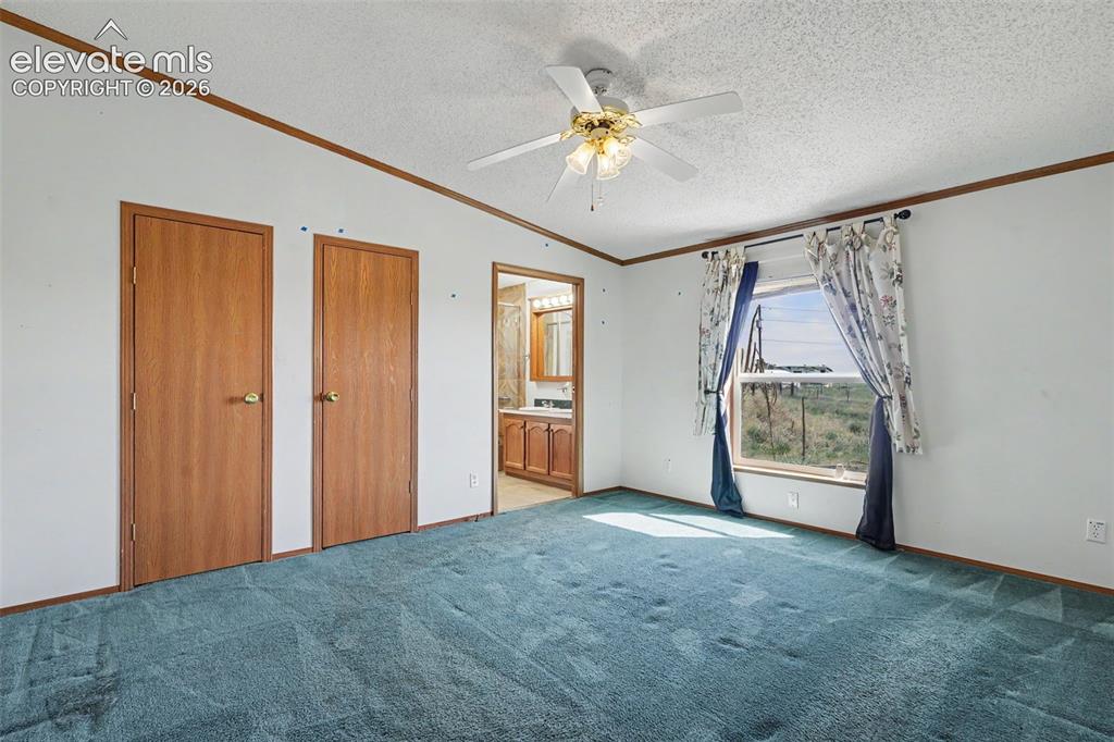Image 13 of 26: Carpeted room with a ceiling fan, two wood-finish doors, and a window provi