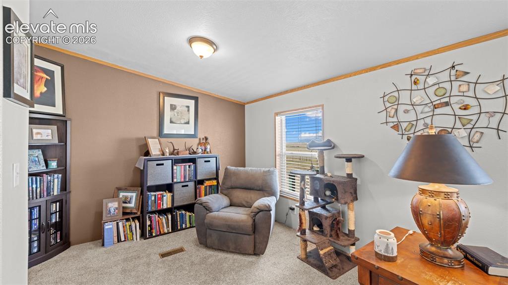 Image 7 of 40: Carpeted interior space featuring a window with blinds, a light fixture, li